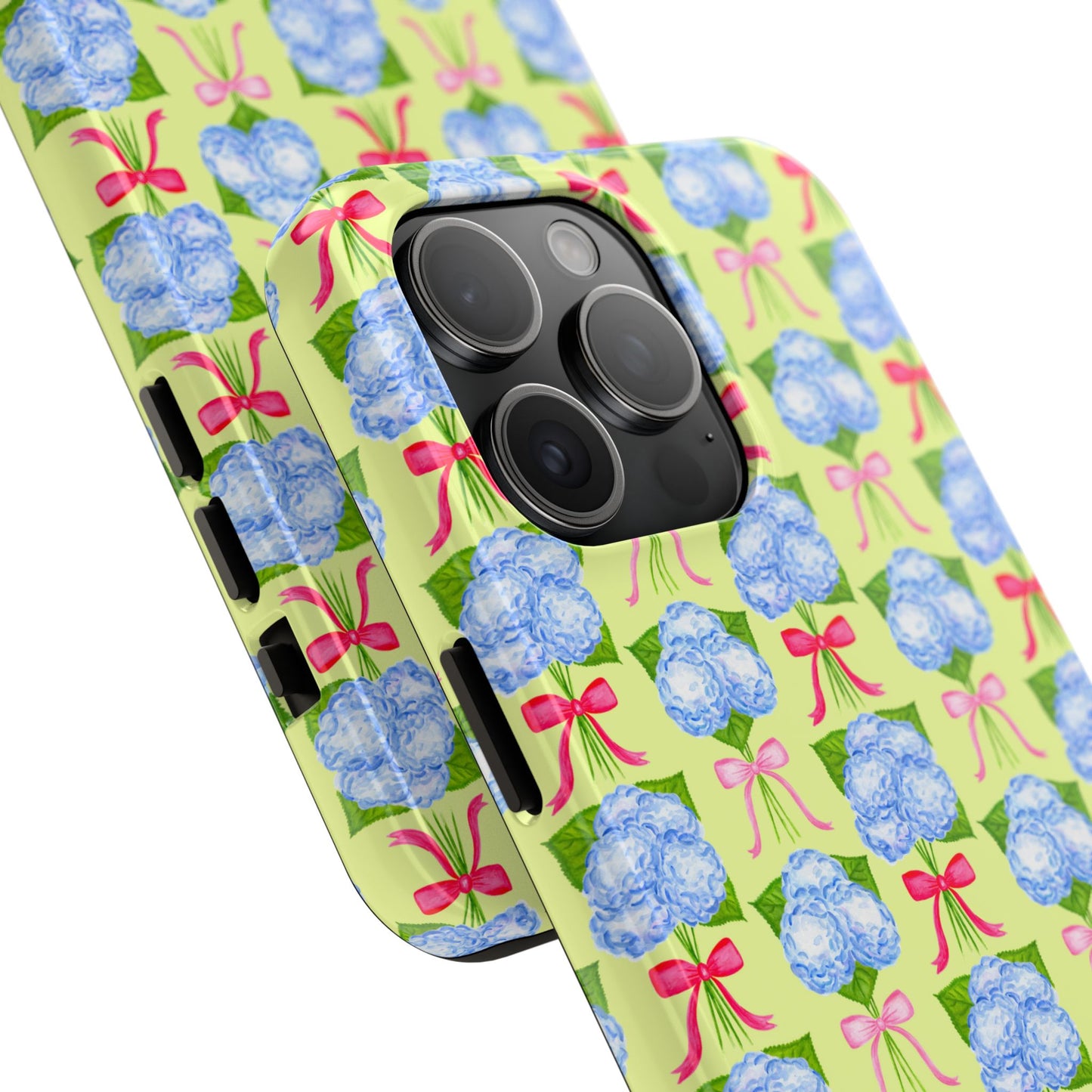 Watercolor Blue Hydrangea Bouquets with Hot Pink and Light Pink Bow Ribbons Illustrated Pattern Yellow Tough Phone Case | Various Models