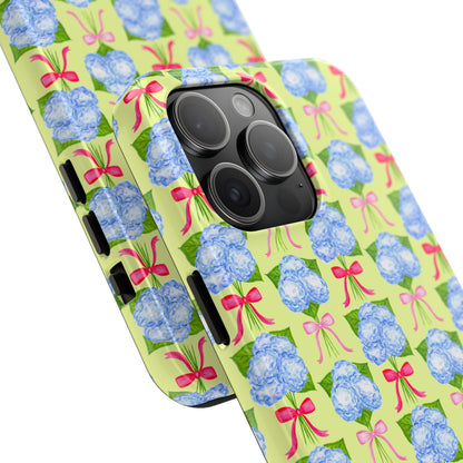 Watercolor Blue Hydrangea Bouquets with Hot Pink and Light Pink Bow Ribbons Illustrated Pattern Yellow Tough Phone Case | Various Models