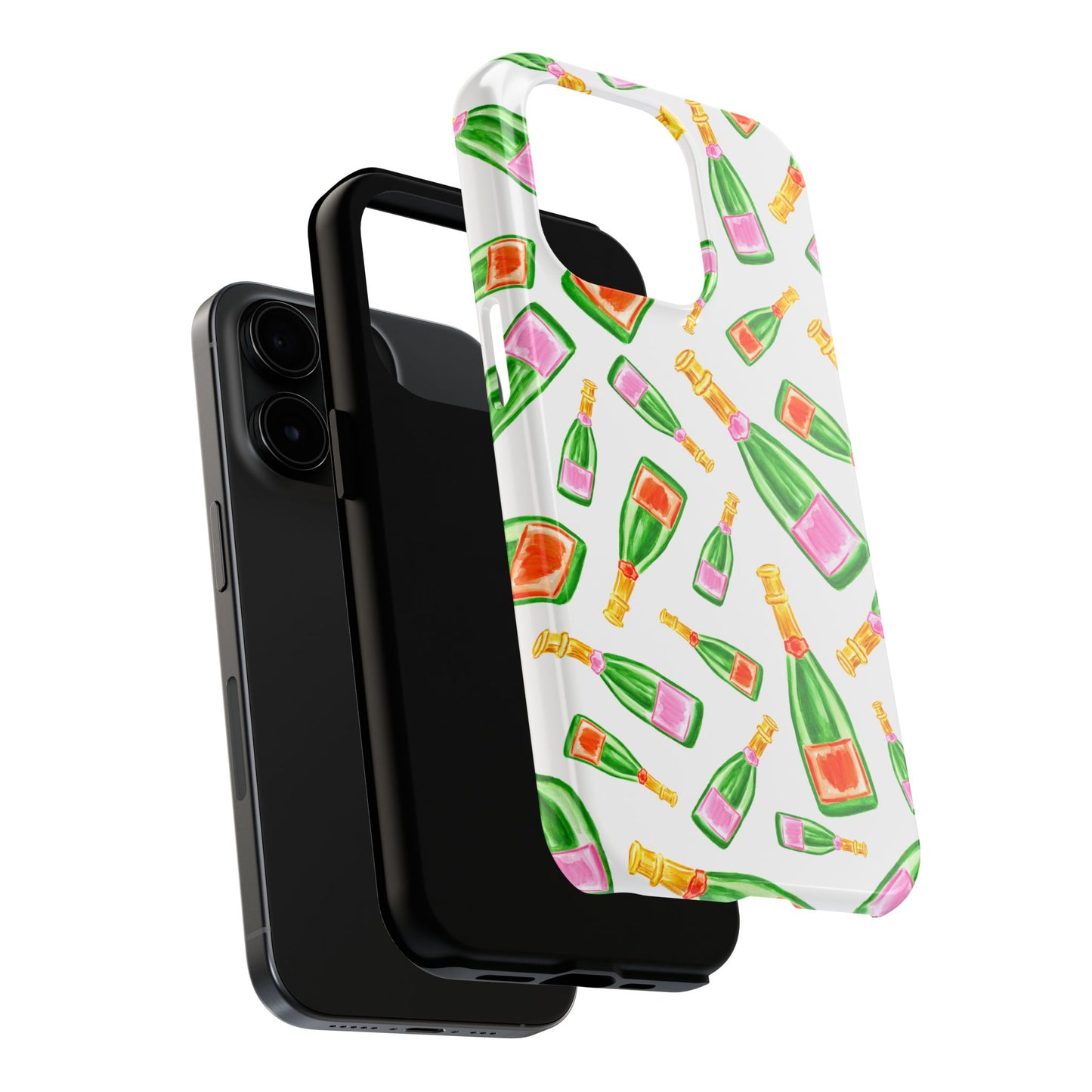 Tossed Pink and Green & Orange and Green Watercolor Illustrated Champagne Bottles Pattern Tough Phone Case | Various Models