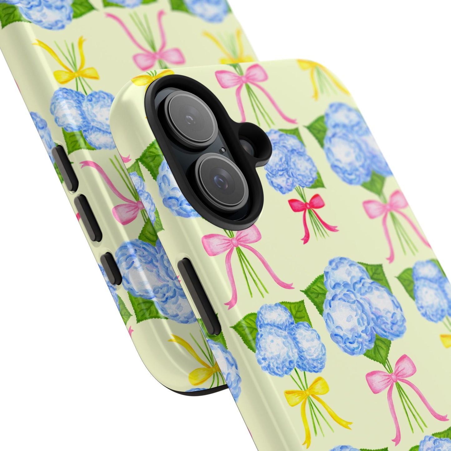 Blue Hydrangeas with Hot Pink, Yellow, Light Pink Bows Watercolor Illustrated Patterned Light Yellow Tough Phone Case | Various Models