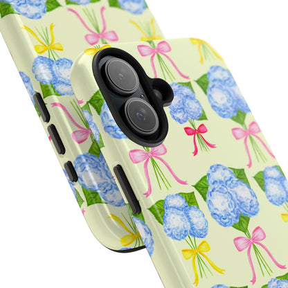 Blue Hydrangeas with Hot Pink, Yellow, Light Pink Bows Watercolor Illustrated Patterned Light Yellow Tough Phone Case | Various Models