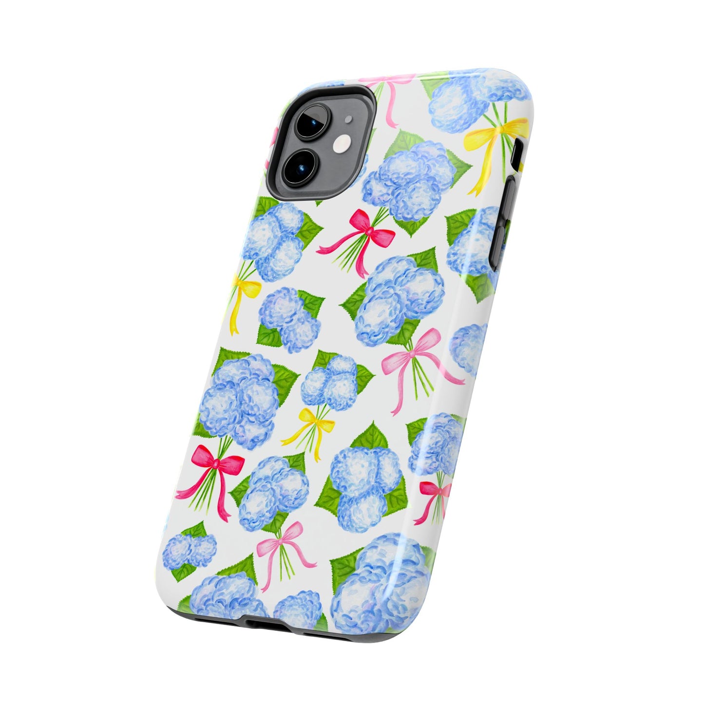 Blue Watercolor Hydrangea Bunches with Hot Pink, Yellow, Light Pink Bows Illustrated Patterned Tough Phone Case | Various Models
