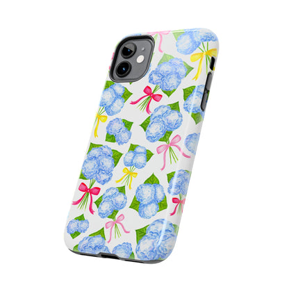 Blue Watercolor Hydrangea Bunches with Hot Pink, Yellow, Light Pink Bows Illustrated Patterned Tough Phone Case | Various Models