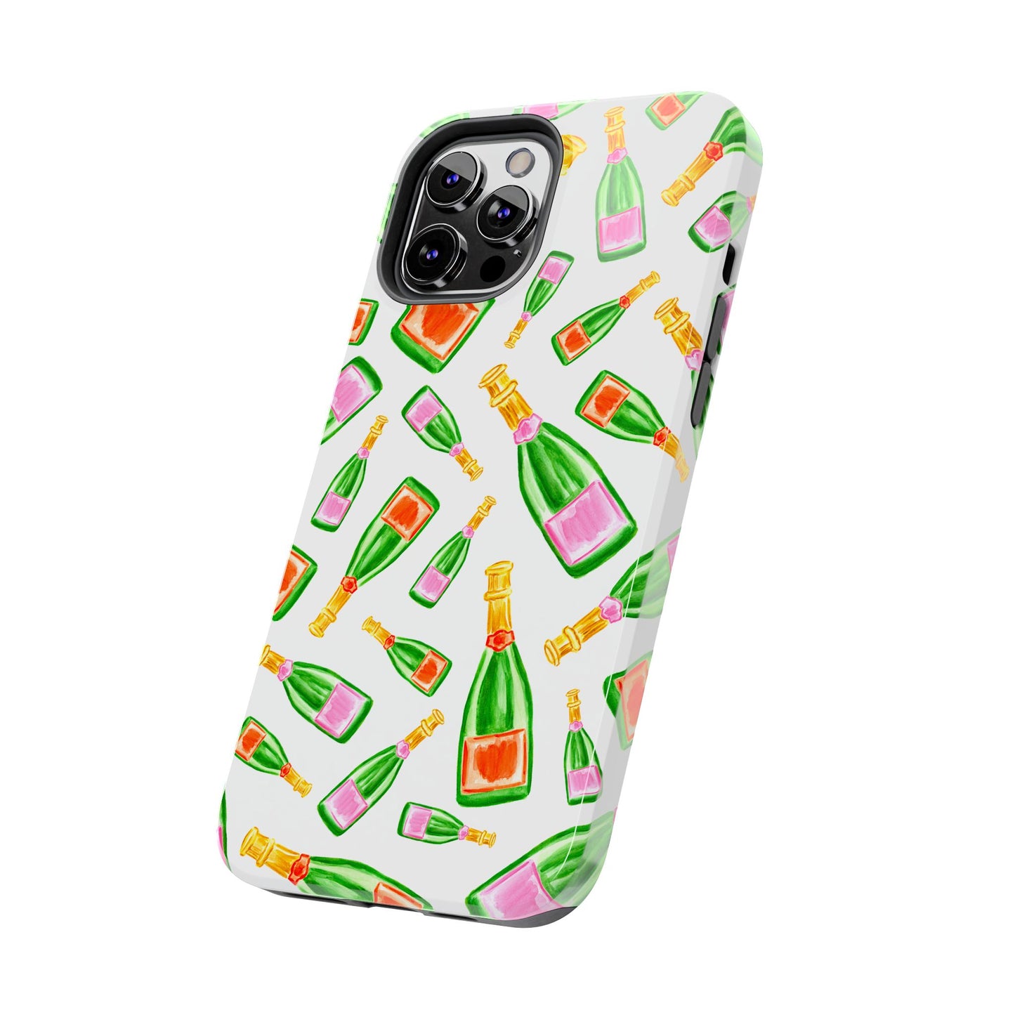 Tossed Pink and Green & Orange and Green Watercolor Illustrated Champagne Bottles Pattern Tough Phone Case | Various Models