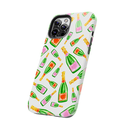 Tossed Pink and Green & Orange and Green Watercolor Illustrated Champagne Bottles Pattern Tough Phone Case | Various Models
