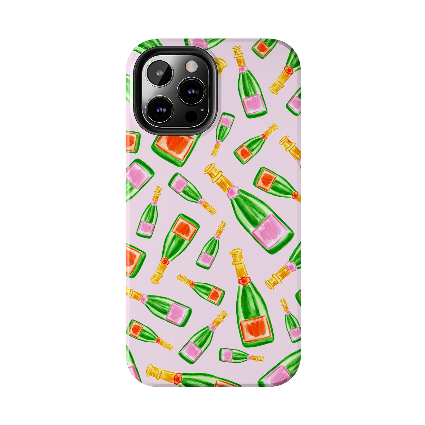 Tossed Pink and Green & Orange and Green Watercolor Illustrated Champagne Bottles Pattern Blush Pink Tough Phone Case | Various Models