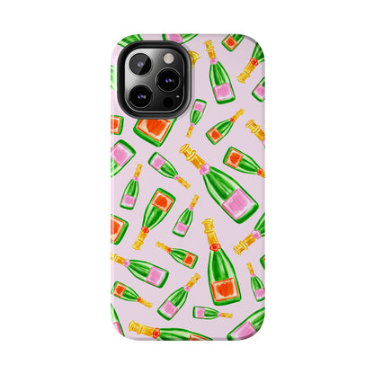 Tossed Pink and Green & Orange and Green Watercolor Illustrated Champagne Bottles Pattern Blush Pink Tough Phone Case | Various Models