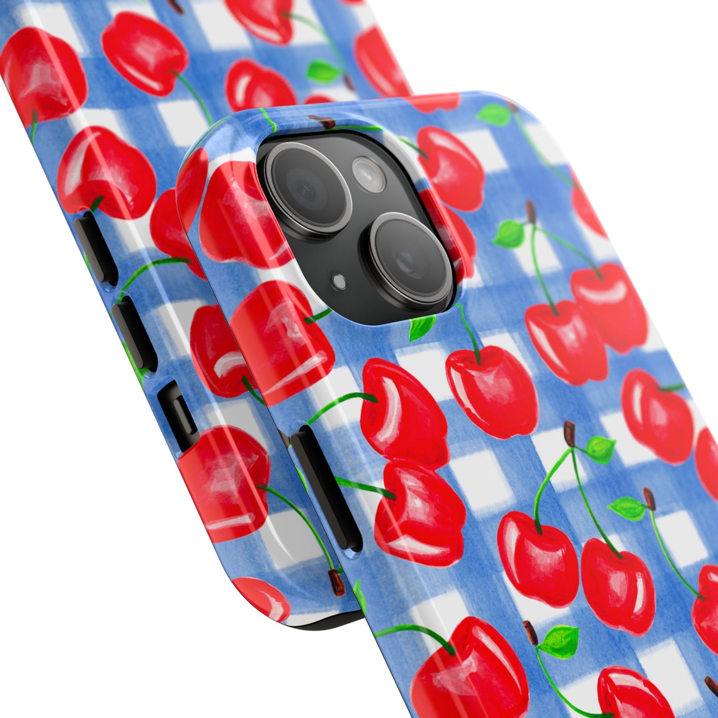 Tossed Red Cherries Blue Gingham Checkered Watercolor Illustrated Tough Phone Case | Various Models
