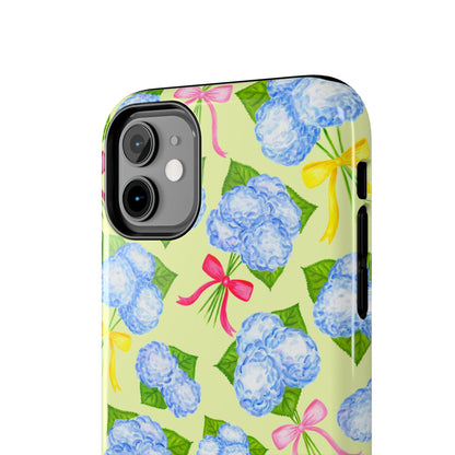 Blue Watercolor Hydrangea Bunches with Hot Pink, Yellow, Light Pink Bows Illustrated Patterned Yellow Tough Phone Case | Various Models