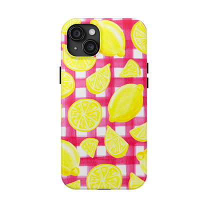 Yellow Lemons & Hot Pink Gingham Watercolor Illustrated Tough Phone Case | Various Models Available