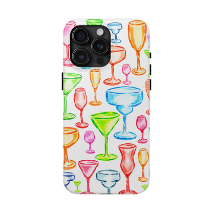 Monochromatic Margarita, Wine, Martini, and Champagne Flute Cocktail Glasses Watercolor Illustrated Tough Phone Case | Various Models Available
