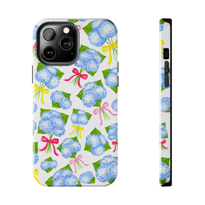 Blue Watercolor Hydrangea Bunches with Hot Pink, Yellow, Light Pink Bows Illustrated Patterned Tough Phone Case | Various Models