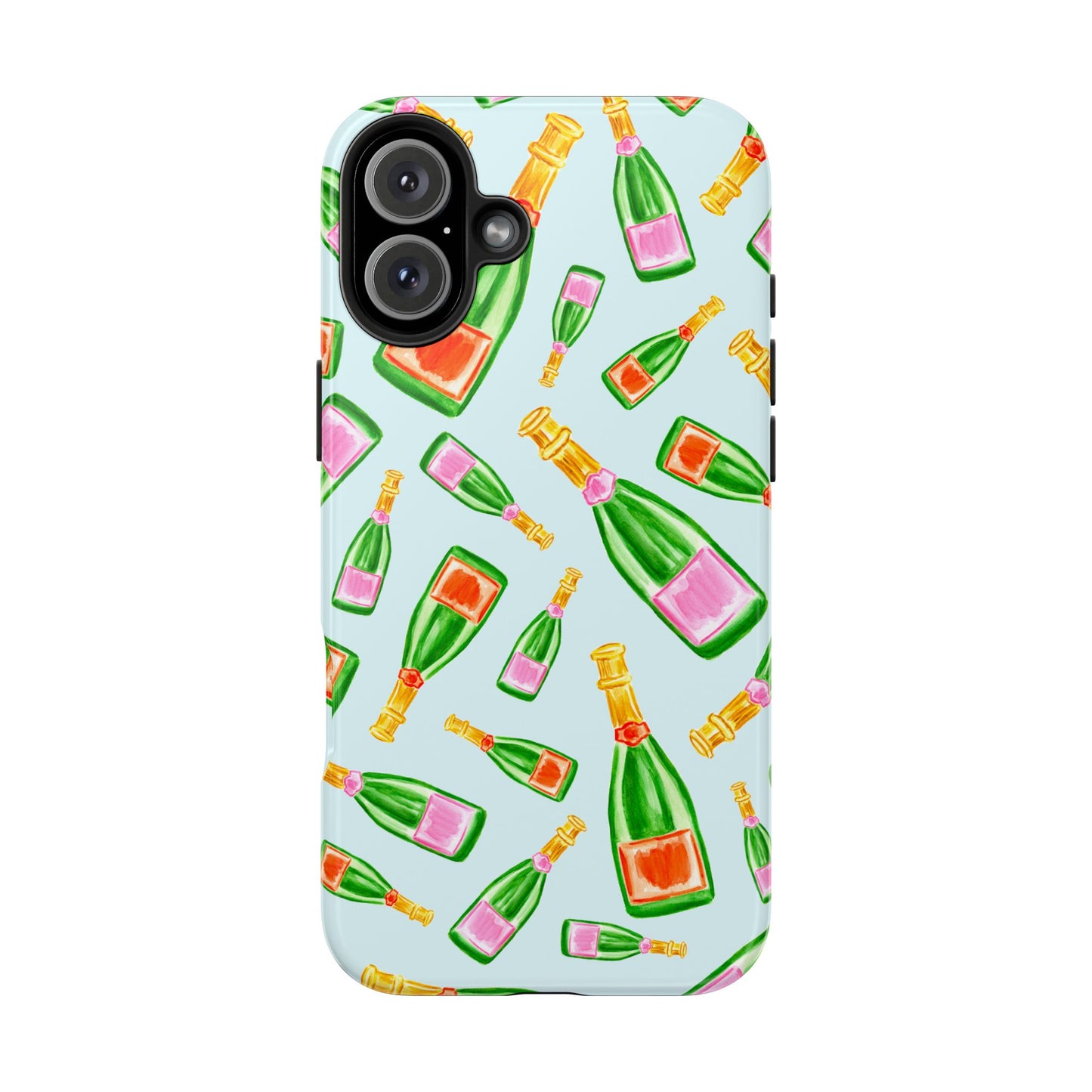 Tossed Pink and Green & Orange and Green Watercolor Illustrated Champagne Bottles Pattern Light Blue Tough Phone Case | Various Models