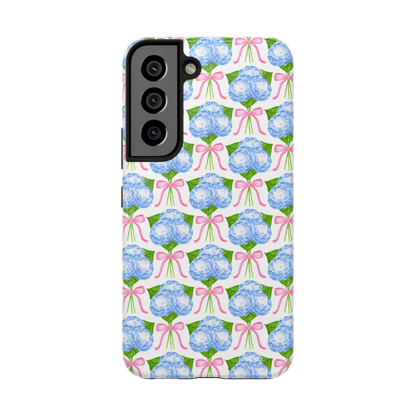 Blue Watercolor Hydrangea Bouqets with Light Pink Bows Watercolor Illustrated Patterned Tough Phone Case | Various Models