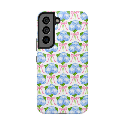 Blue Watercolor Hydrangea Bouqets with Light Pink Bows Watercolor Illustrated Patterned Tough Phone Case | Various Models