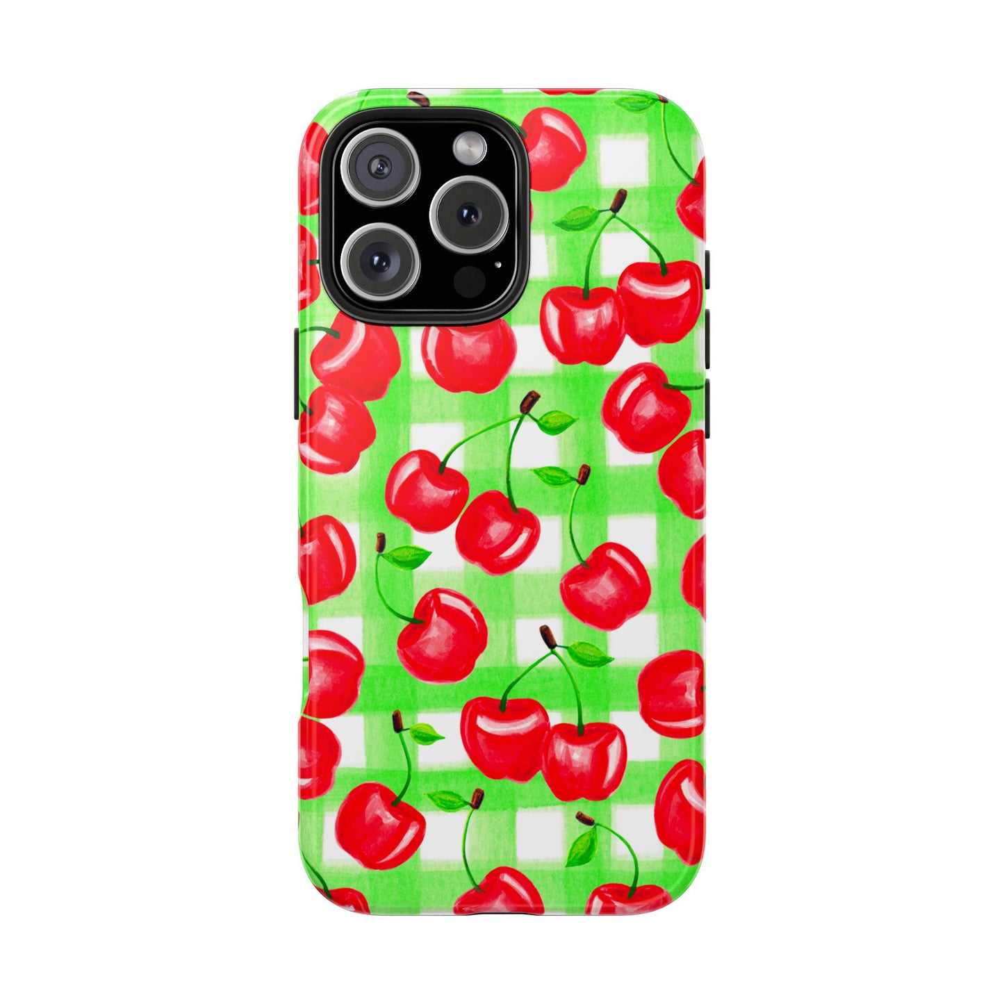 Red Tossed Cherries Green Gingham Watercolor Illustrated Tough Phone Case | Various Models Available
