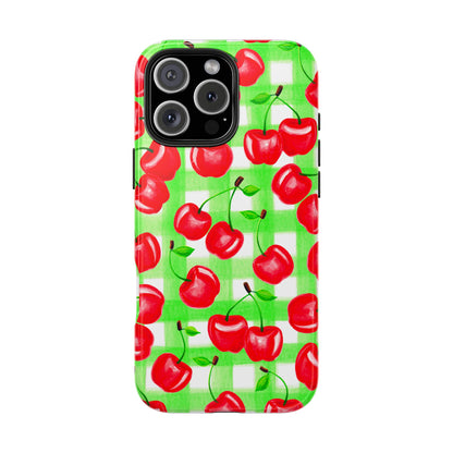 Red Tossed Cherries Green Gingham Watercolor Illustrated Tough Phone Case | Various Models Available