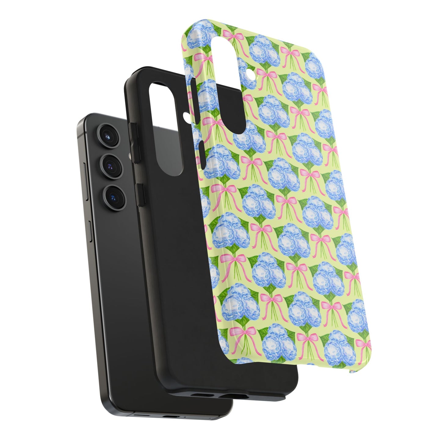 Blue Watercolor Hydrangea Bouquets with Light Pink Bows Watercolor Illustrated Patterned Yellow Tough Phone Case | Various Models