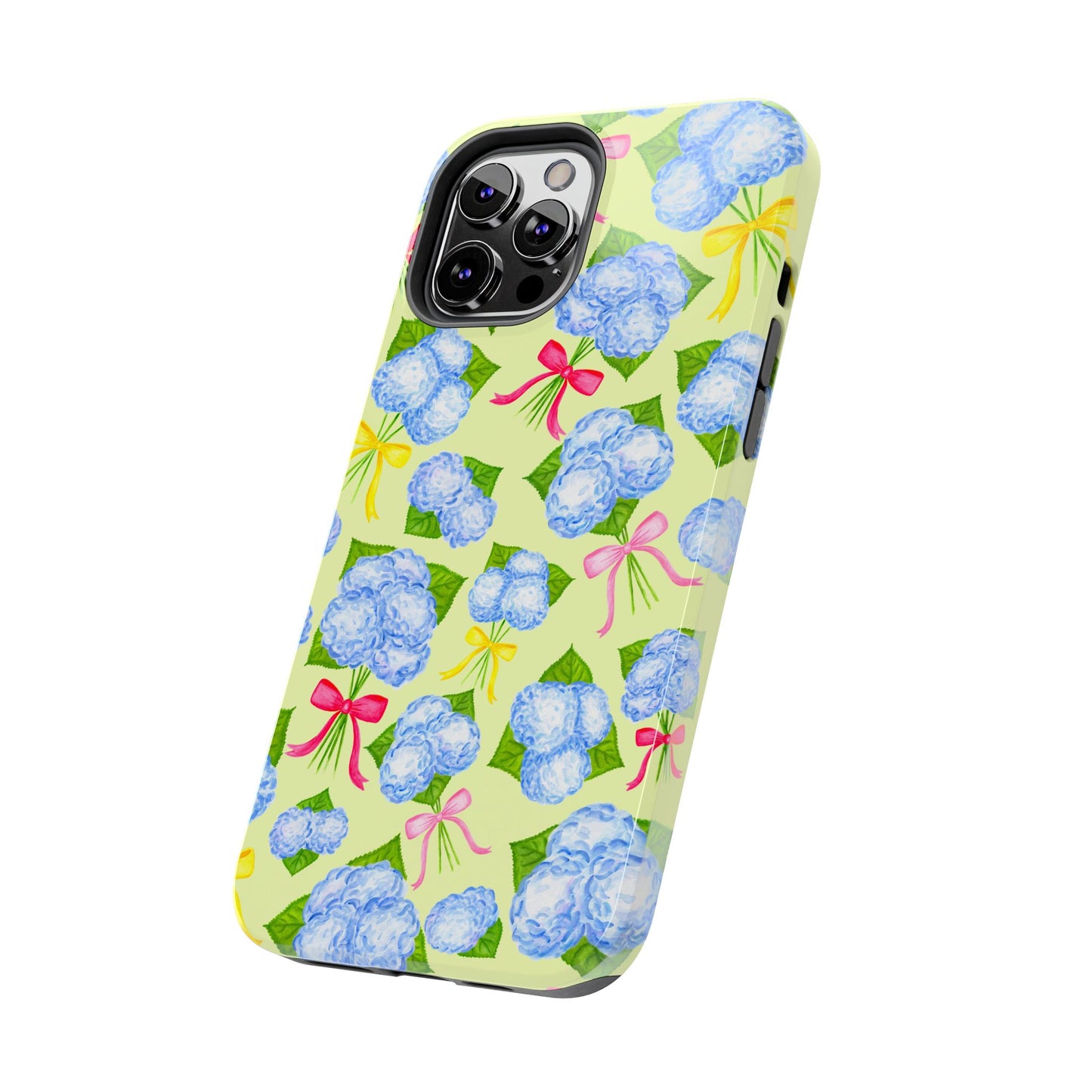 Blue Watercolor Hydrangea Bunches with Hot Pink, Yellow, Light Pink Bows Illustrated Patterned Yellow Tough Phone Case | Various Models
