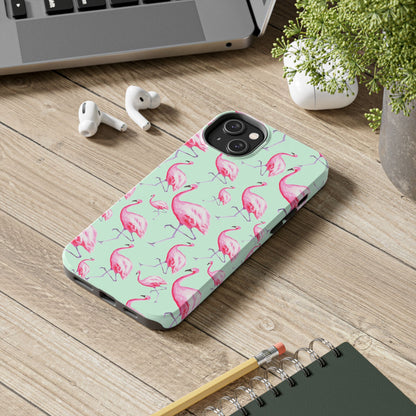 Pink Flamingos Watercolor Illustrated Tossed Pattern Green Phone Case | Various Models