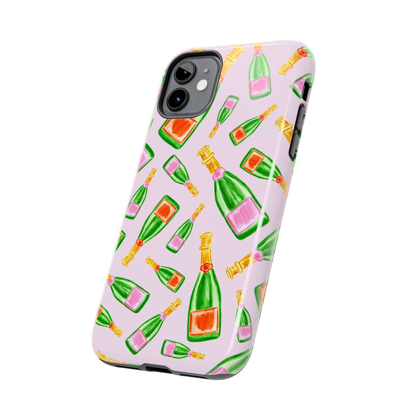 Tossed Pink and Green & Orange and Green Watercolor Illustrated Champagne Bottles Pattern Blush Pink Tough Phone Case | Various Models