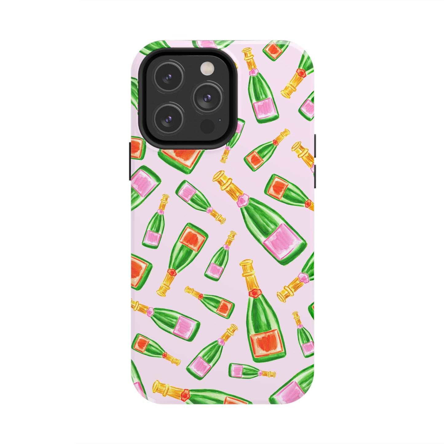Tossed Pink and Green & Orange and Green Watercolor Illustrated Champagne Bottles Pattern Blush Pink Tough Phone Case | Various Models