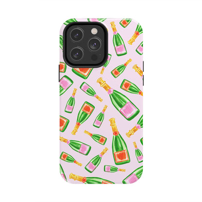 Tossed Pink and Green & Orange and Green Watercolor Illustrated Champagne Bottles Pattern Blush Pink Tough Phone Case | Various Models