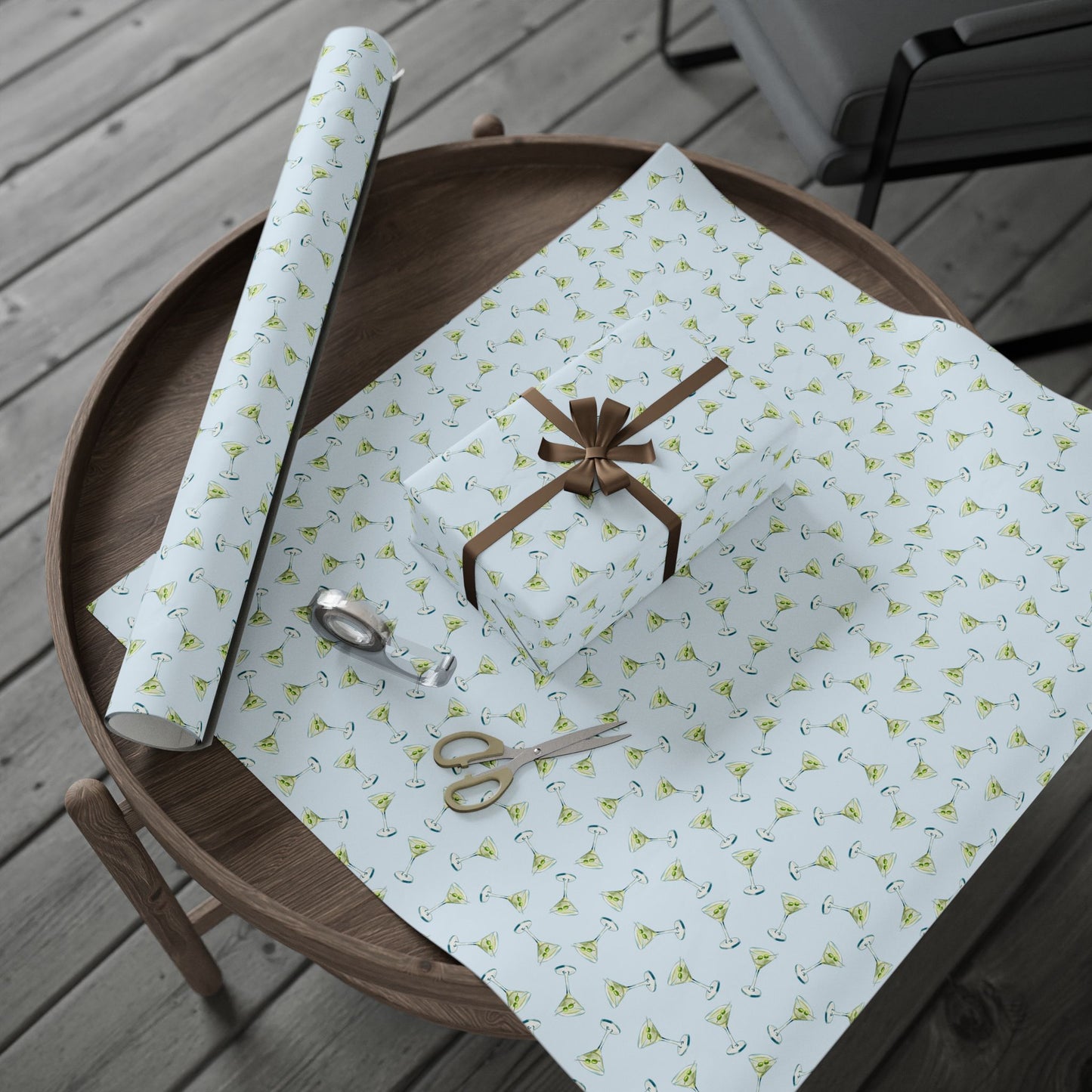 Gift Wrap| Mini Pale Blue Watercolor Martini Tossed Pattern | Matte or Glossy