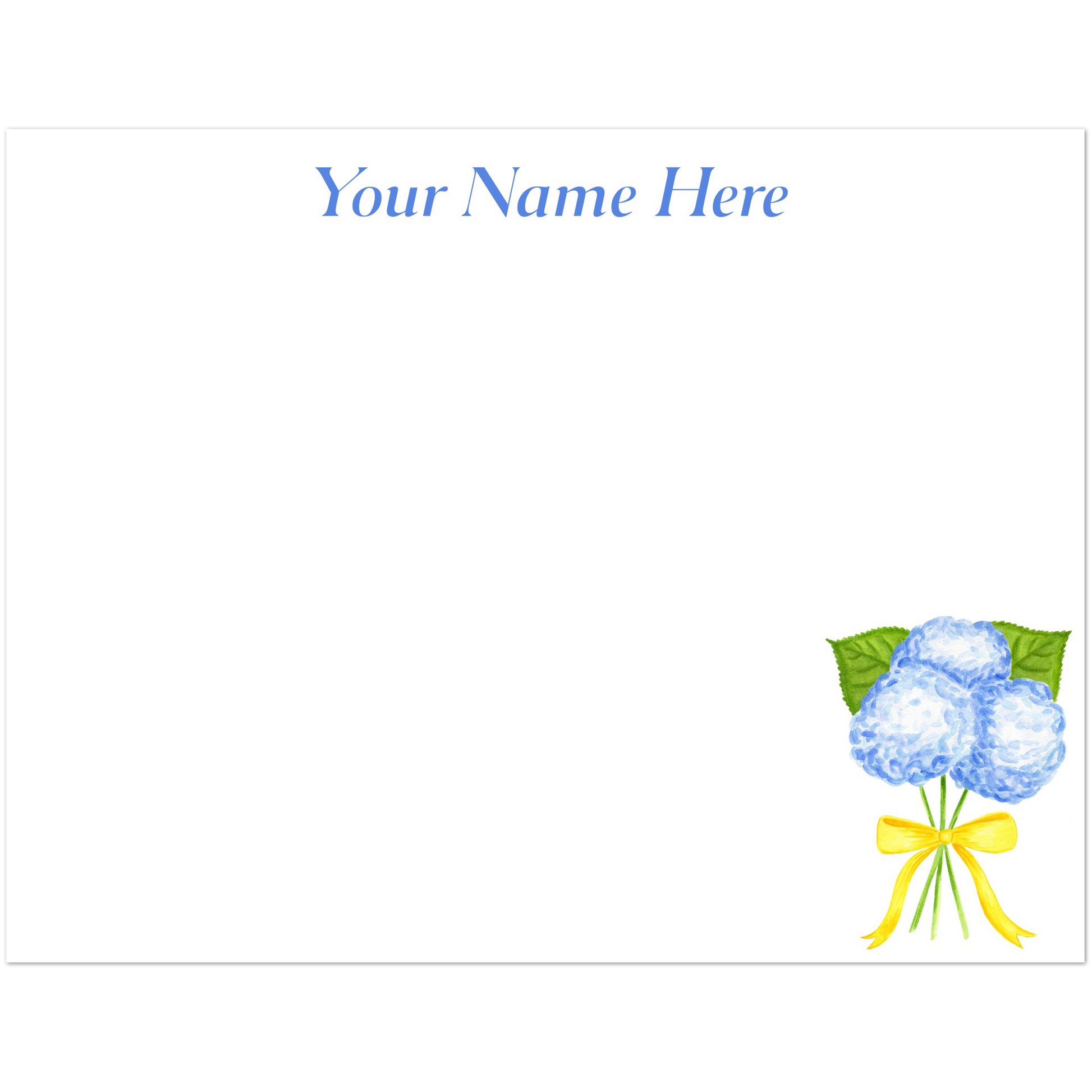 Personalized | Blue Hydrangeas with a Yellow Bow Watercolor Illustration | Set of 10 Cards & Envelopes | 2 Sizes 4.25x5.5″ (SM)