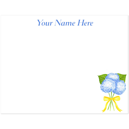 Personalized | Blue Hydrangeas with a Yellow Bow Watercolor Illustration | Set of 10 Cards & Envelopes | 2 Sizes 4.25x5.5″ (SM)