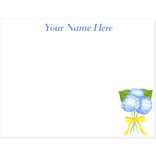 Personalized | Blue Hydrangeas with a Yellow Bow Watercolor Illustration | Set of 10 Cards & Envelopes | 2 Sizes 4.25x5.5″ (SM)