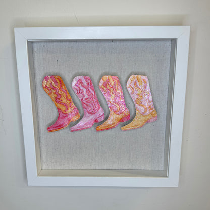 9” x 9” Glitter Embellished Hot Pink & Orange Cowboy Boots 3D Push Pin Shadow Box