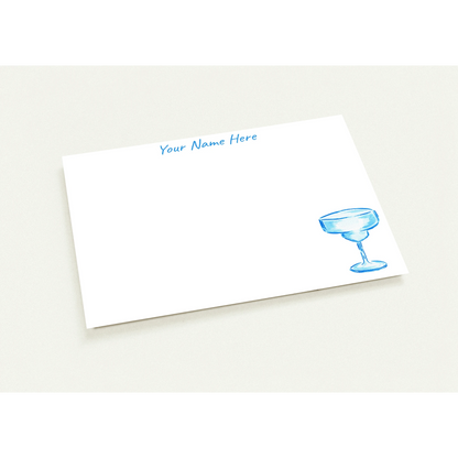 Personalized Blue Margarita Glass Watercolor Illustrated Flat Notecards | Set of 10 Cards & Envelopes | 2 Sizes | 3 Colors