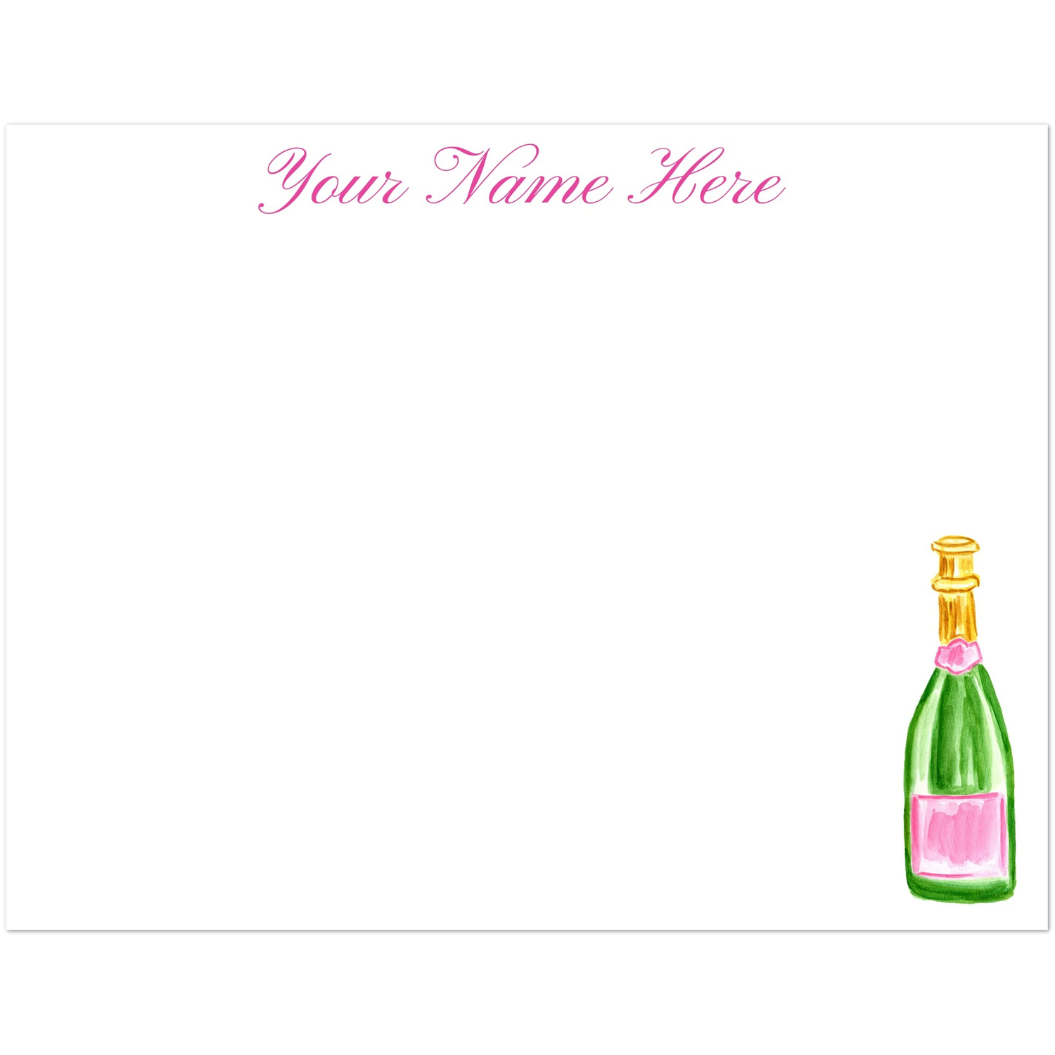 Personalized Notecards | Pink & Green Champagne Bottle Watercolor Illustration | Flat Notecards & Envelope Set of 10 | 2 Sizes 4.25x5.5″ (SM)