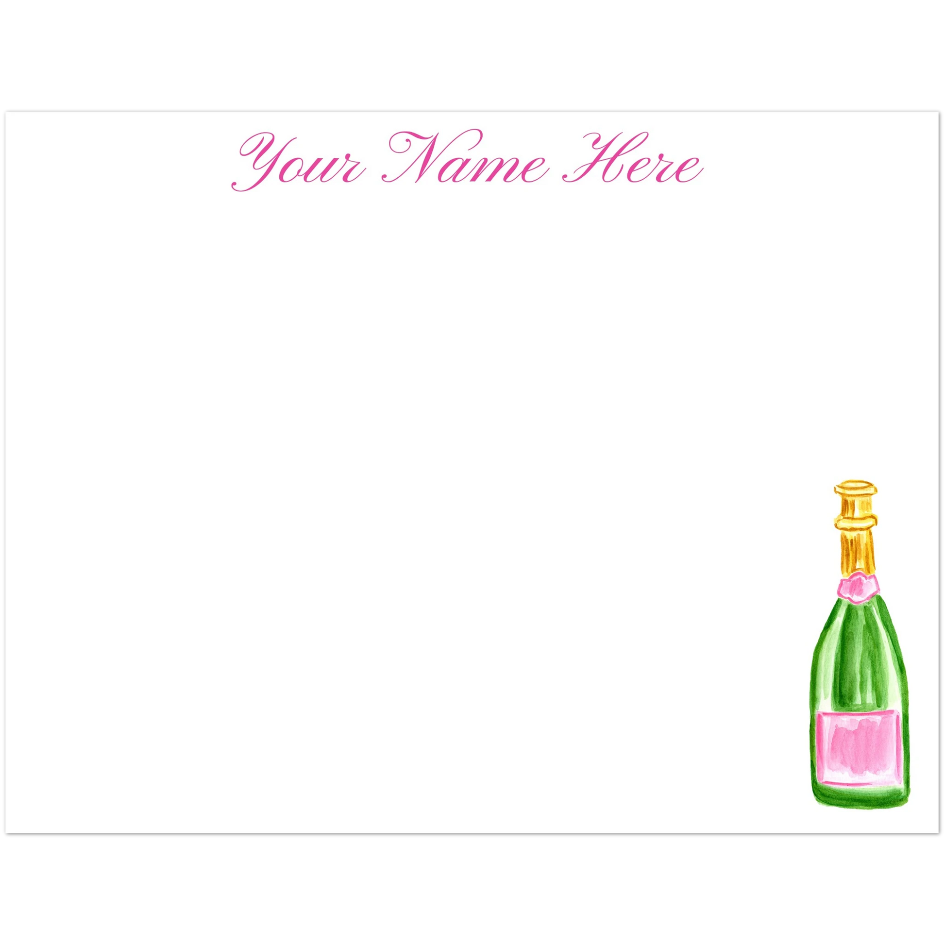 Personalized Notecards | Pink & Green Champagne Bottle Watercolor Illustration | Flat Notecards & Envelope Set of 10 | 2 Sizes 4.25x5.5″ (SM)