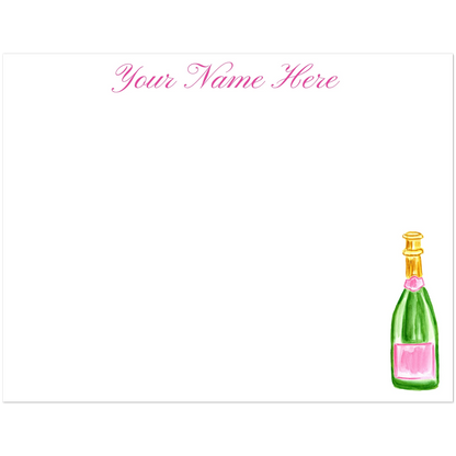 Personalized Notecards | Pink & Green Champagne Bottle Watercolor Illustration | Flat Notecards & Envelope Set of 10 | 2 Sizes 4.25x5.5″ (SM)