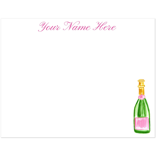 Personalized Notecards | Pink & Green Champagne Bottle Watercolor Illustration | Flat Notecards & Envelope Set of 10 | 2 Sizes 4.25x5.5″ (SM)