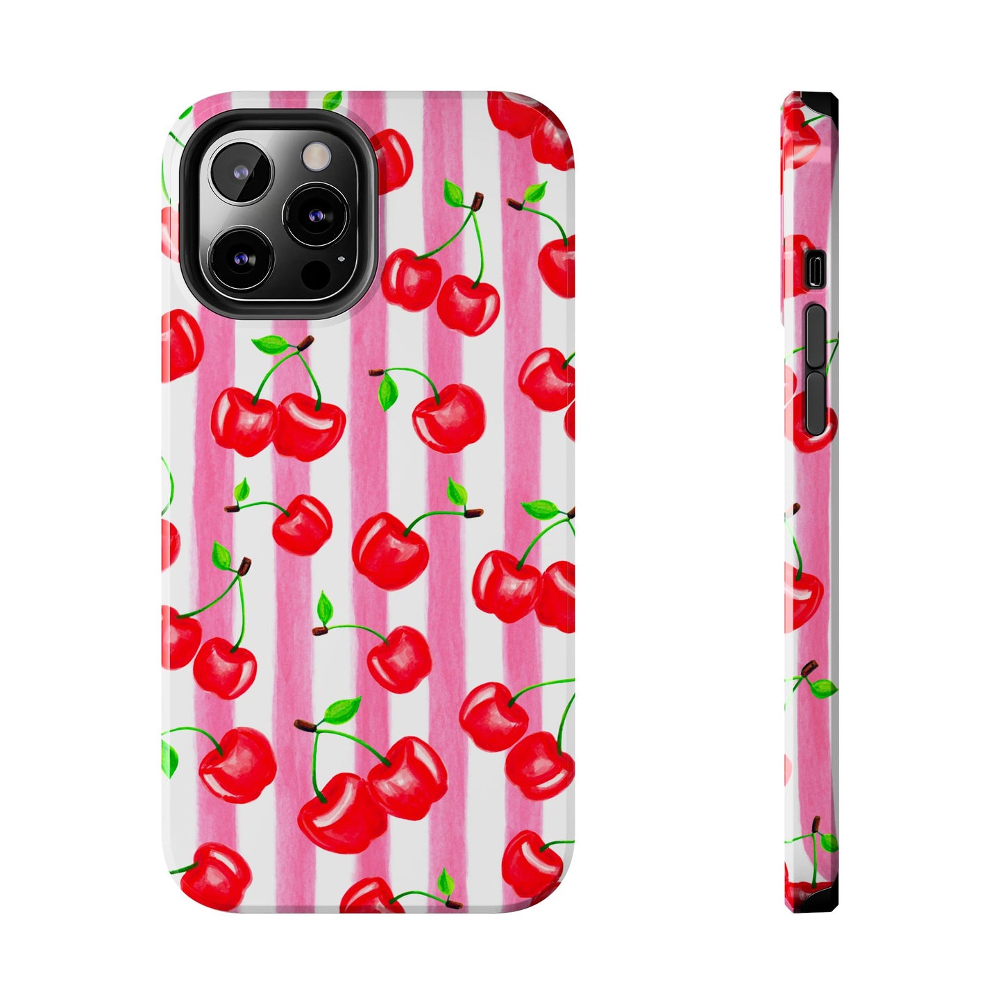 Tossed Red Watercolor Cherries Illustrated Pattern Light Pink Stripes Tough Phone Case | Various Models