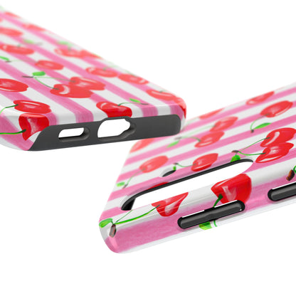 Tossed Red Watercolor Cherries Illustrated Pattern Light Pink Stripes Tough Phone Case | Various Models