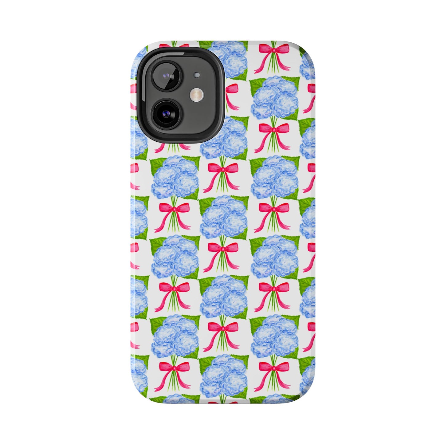 Blue Watercolor Hydrangea Bouquets with Hot Pink Bows Illustrated Patterned Tough Phone Case | Various Models