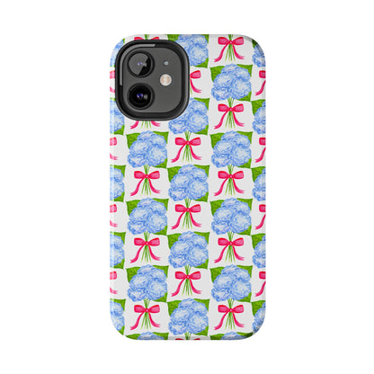 Blue Watercolor Hydrangea Bouquets with Hot Pink Bows Illustrated Patterned Tough Phone Case | Various Models