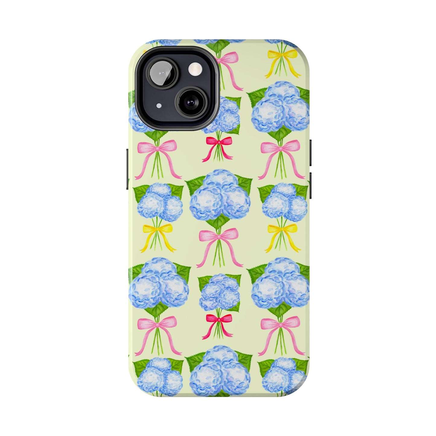 Blue Hydrangeas with Hot Pink, Yellow, Light Pink Bows Watercolor Illustrated Patterned Light Yellow Tough Phone Case | Various Models