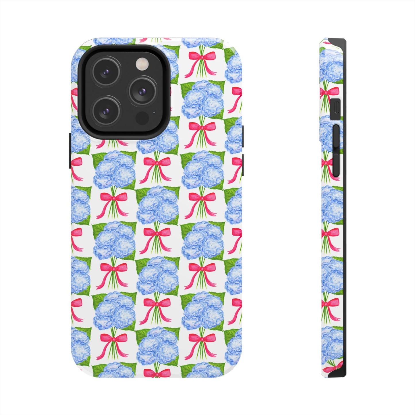 Blue Watercolor Hydrangea Bouquets with Hot Pink Bows Illustrated Patterned Tough Phone Case | Various Models