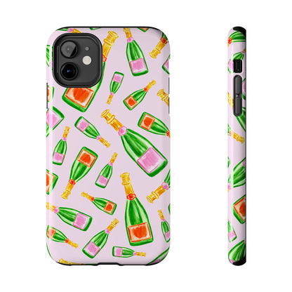 Tossed Pink and Green & Orange and Green Watercolor Illustrated Champagne Bottles Pattern Blush Pink Tough Phone Case | Various Models