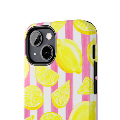 Pink Lemonade Yellow Lemons with Pink & White Watercolor Stripes Tough Phone Case