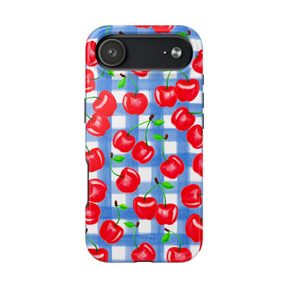Tossed Red Cherries Blue Gingham Checkered Watercolor Illustrated Tough Phone Case | Various Models
