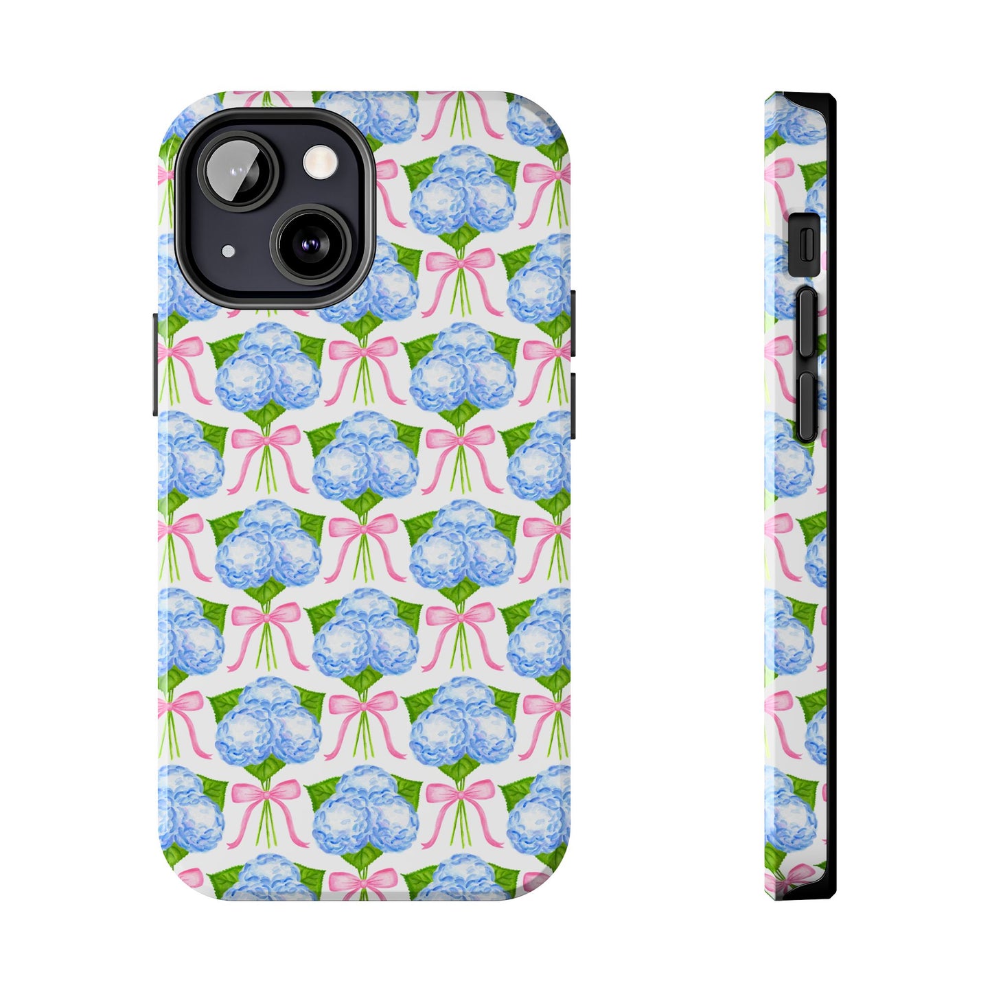 Blue Watercolor Hydrangea Bouqets with Light Pink Bows Watercolor Illustrated Patterned Tough Phone Case | Various Models