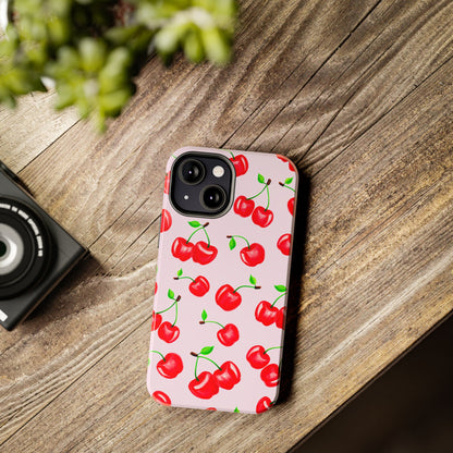 Tossed Red Watercolor Cherries Illustrated Pattern Light Pink Tough Phone Case | Various Models