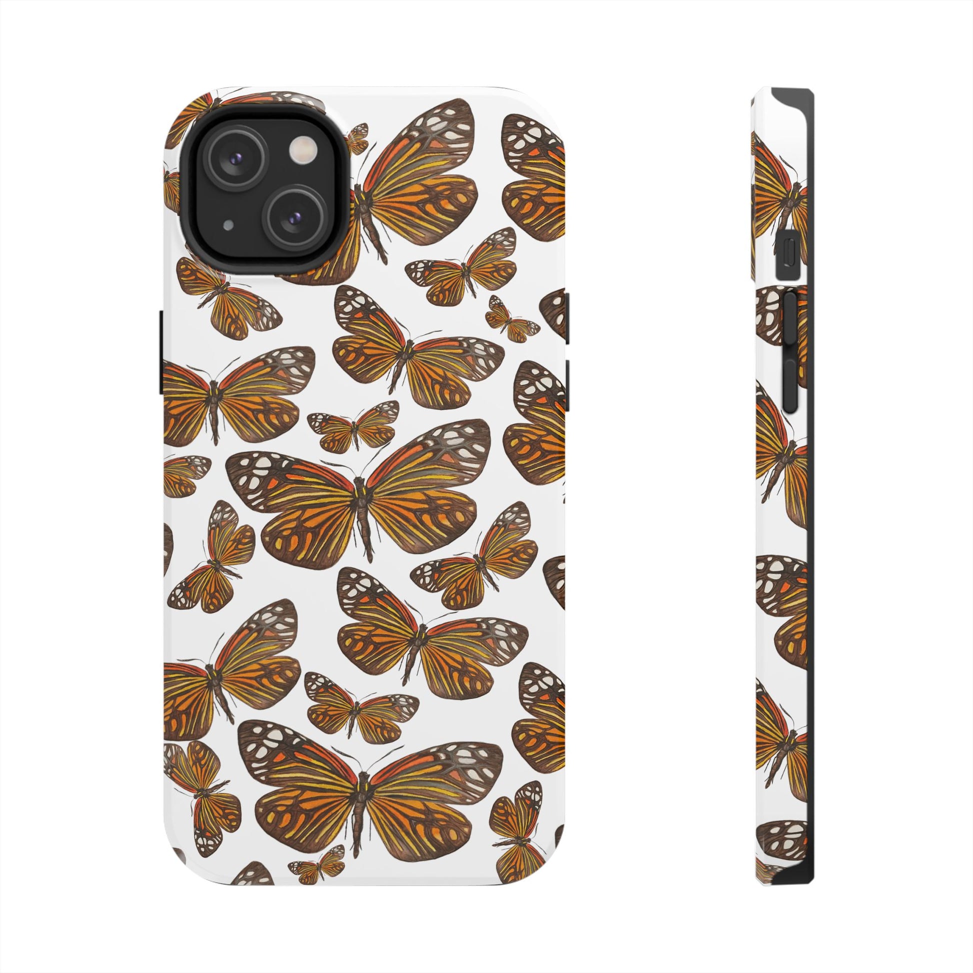 Black & Orange Butterfly Watercolor Illustrated Tossed Pattern Tough Phone Case | Various Models iPhone 14 Plus