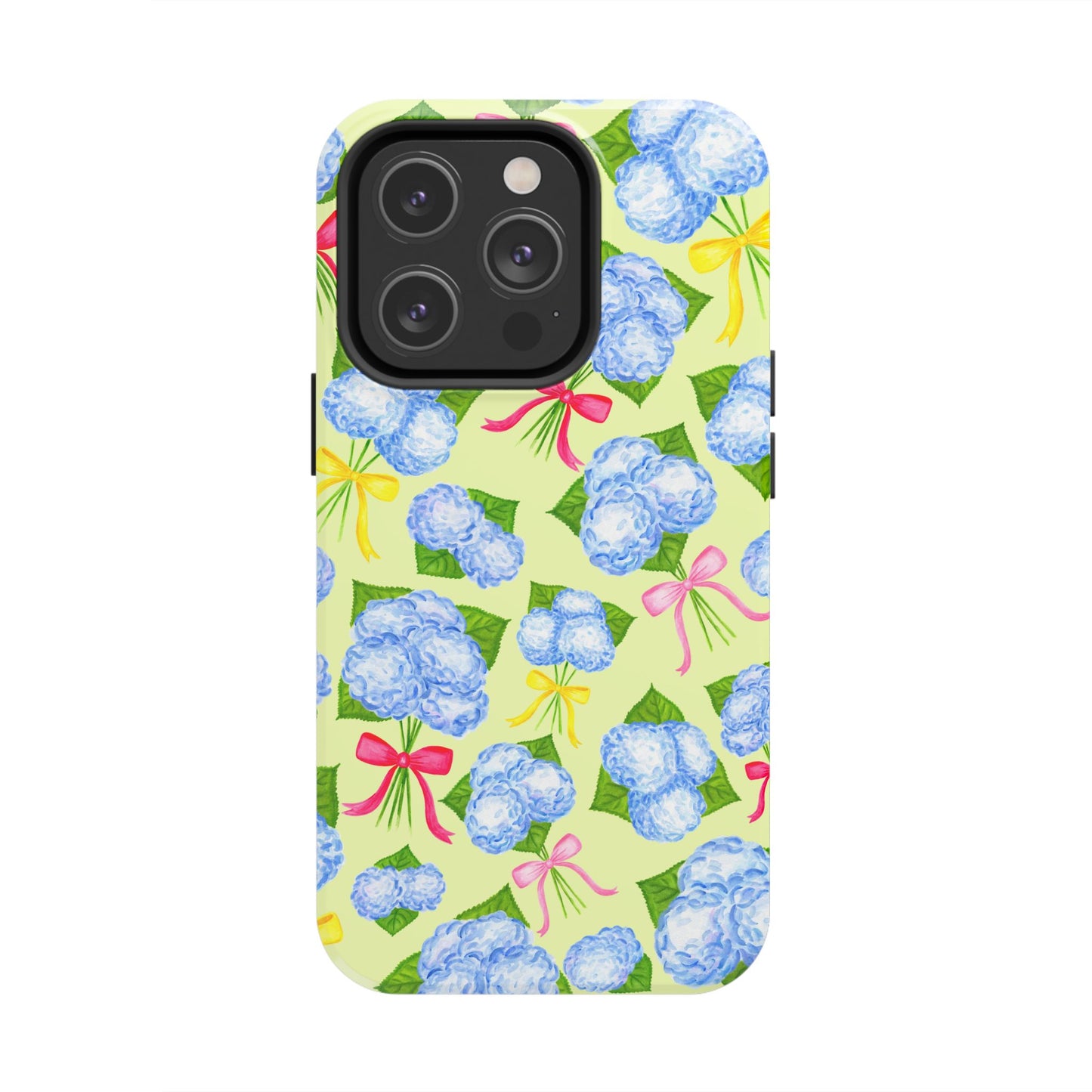 Blue Watercolor Hydrangea Bunches with Hot Pink, Yellow, Light Pink Bows Illustrated Patterned Yellow Tough Phone Case | Various Models